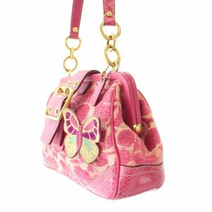 COACH ハンドバッグ シグネチャー パイソン型押し レザー キャンバス バタフライ 蝶々 ロゴチャーム 装飾 総柄 切替 ピンク 8F50