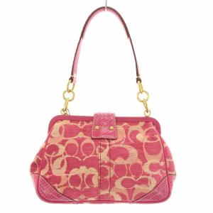 COACH ハンドバッグ シグネチャー パイソン型押し レザー キャンバス バタフライ 蝶々 ロゴチャーム 装飾 総柄 切替 ピンク 8F50