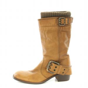 エンジニアブーツ ロングブーツ スクエアトゥ ローヒール レザー ロゴ 5 24cm 茶 ブラウン