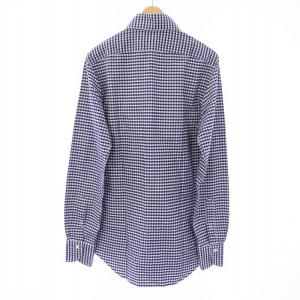 Finamore シャツ カッタウェイ ホリゾンタルカラー 長袖 ギンガムチェック S 青 白 ブルー ホワイト
