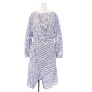 ワンピース 長袖 ひざ丈 ボートネック ストライプ 切替 0 XS 青 白 ブルー ホワイト /KH