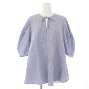 23SS タックスリーブフレア ブラウス シャツ 五分袖 リボン ストライプ柄 F 青 ブルー 白 ホワイト 23051900995020