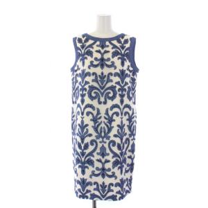 17SS カットワークメッシュワンピース ひざ丈 ノースリーブ 総柄 刺繍 38 M 青 ブルー 白 ホワイト 37131201
