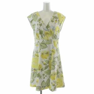 ノースリーブワンピース ひざ丈 フレア カシュクール 花柄 36 S 白 ホワイト 黄 イエロー