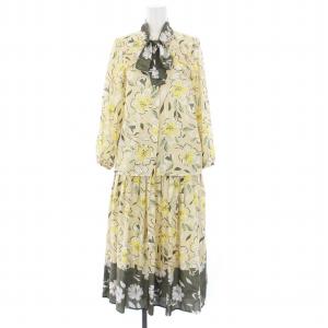 21SS フラワープリントプリーツスカート ブラウス セットアップ 上下 36 S ベージュ