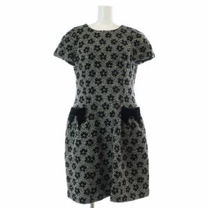 ワンピース ドレス 半袖 花柄 フラワー リボン ベロア ベルベット ひざ丈 ミモレロング 40 M グレー 黒 ブラック