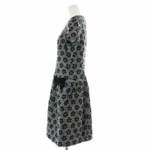 M'S GRACY ワンピース ドレス 半袖 花柄 フラワー リボン ベロア ベルベット ひざ丈 ミモレロング 40 M グレー 黒 ブラック