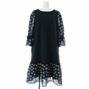 M'S GRACY マーガレットモチーフワンピース 七分袖 ボリュームスリーブ フリル リボン 花柄 フラワー ひざ丈 ミモレロング