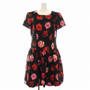 ワンピース ひざ丈 バルーンスカート 花柄 バラ柄 半袖 40 L 黒 ブラック 赤 緑