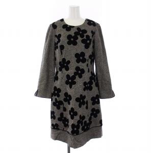 ワンピース 長袖 ひざ丈 花柄 ツイード 40 L グレー ブラック 黒