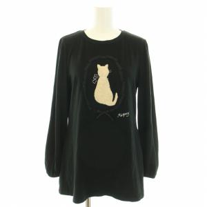 カットソー ロンT クルーネック 長袖 バックリボン 猫シルエット ラインストーン ウール アンゴラ混 38 M 黒 ブラック