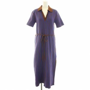 ジャカードニットミディワンピース ロング オープンカラー 半袖 ハイゲージ ストライプ柄 紐ベルト M 青 ブルー 茶 ブラウン