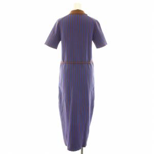 TORY BURCH ジャカードニットミディワンピース ロング オープンカラー 半袖 ハイゲージ ストライプ柄 紐ベルト M 青 ブルー 茶 ブラウン