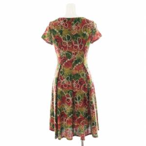 SYBILLA フレアワンピース ひざ丈 ハートネック タック 花柄 刺繍 半袖 ウール M 赤 レッド 緑 グリーン