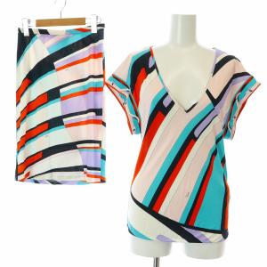 セットアップ 上下 カットソー 半袖 Vネック タイトスカート ミニ 総柄 シルク混 I38 XS I36 XXS マルチカラー