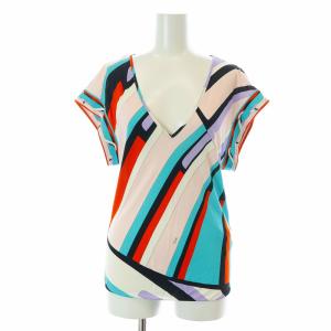 Emilio Pucci セットアップ 上下 カットソー 半袖 Vネック タイトスカート ミニ 総柄 シルク混 I38 XS I36 XXS マルチカラー