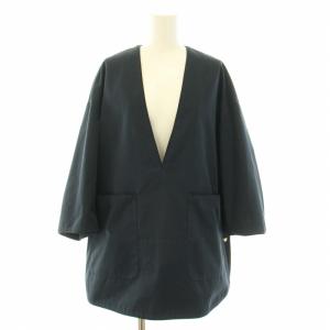 コットンギャバジンVネックブラウス シャツ プルオーバー Vネック 長袖 絹 シルク 36 S 紺 ネイビー