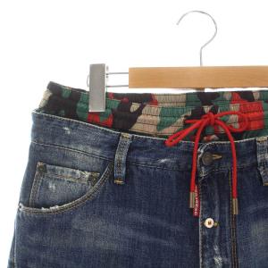DSQUARED2 デニムパンツ ジーンズ サルエル ボタンフライ ジップフライ ダメージ加工 USED加工 レイヤード 迷彩 カモフラ 紺 ネイビー