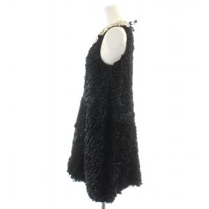 leur logette ワンピース ひざ丈 フレア ノースリーブ フリル ラウンドカラー パール ビーズ ビジュー装飾 リボン 絹 シルク 1 S