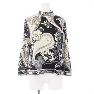 FASHION ブラウス カットソー 七分袖 ハイネック プルオーバー 総柄 L 黒 ブラック