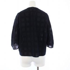 Drawer ジャカード ボリュームスリーブ ブラウス カットソー プルオーバー 五分袖 総柄 36 S 紺 ネイビー 6521-299-0587