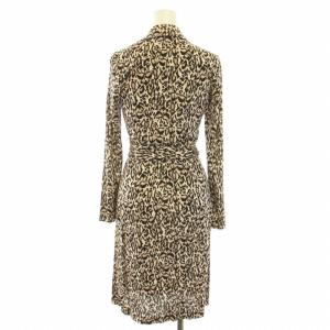 DIANE von FURSTENBERG ワンピース ひざ丈 カシュクール 長袖 アニマル柄 ヒョウ柄 レオパード柄 リボン 絹 シルク 0 XS ベージュ 黒 ブラック