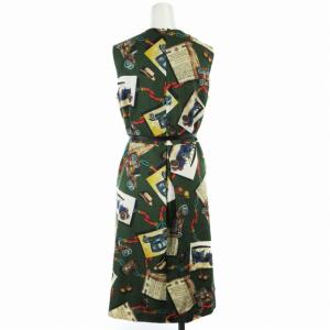 Lois CRAYON フレアワンピース ひざ丈 ノースリーブ 総柄 ベルト付き M 緑 グリーン