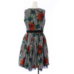 Lois CRAYON ノースリーブワンピース ひざ丈 チュール 花柄 ストライプ M 黒 白 ブラック ホワイト