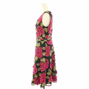 GRACE CONTINENTAL 配色ローズレースワンピース ひざ丈 Vネック ノースリーブ チュール バラ柄刺繍 36 S 黒 ブラック ピンク