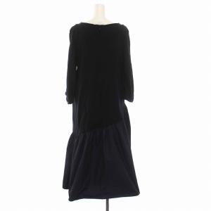 LANVIN en Bleu タフタコンビワンピース ロング 七分袖 38 M 黒 ブラック 紺 ネイビー