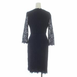 DIANE von FURSTENBERG ラップワンピース ひざ丈 総レース 長袖 リボン 2 S 紺 ネイビー