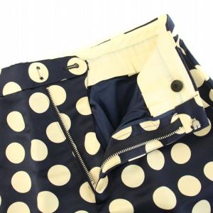 Drawer バックサテンフロントステッチタックパンツ スラックス ジップフライ ドット柄 絹 シルク 38 M 紺 ネイビー 白 ホワイト