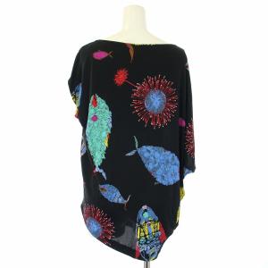 Emilio Pucci archivio カットソー チュニック 半袖 花柄 シルク混 アシンメトリー I40 M 黒 ブラック マルチカラー