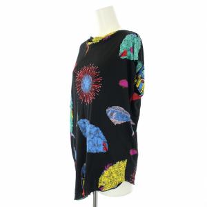 Emilio Pucci archivio カットソー チュニック 半袖 花柄 シルク混 アシンメトリー I40 M 黒 ブラック マルチカラー