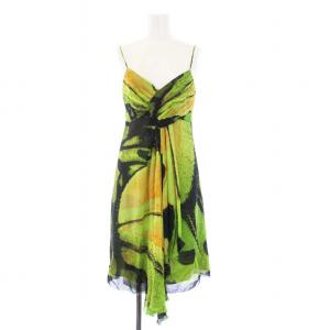 キャミワンピース ひざ丈 総柄 シルク100％ 絹 0 XS 緑 グリーン