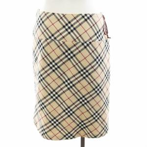 BURBERRY BLUE LABEL ノバチェック タイトスカート ひざ丈 コットン 38 S ベージュ 黒 ブラック 赤 レッド