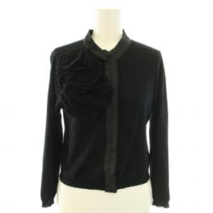 ニットカーディガン 長袖 花モチーフ ハイゲージ 絹 シルク カシミヤ混 M 黒 ブラック