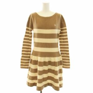 BURBERRY BLUE LABEL ニットワンピース ひざ丈 長袖 ボーダー柄 ホース刺繍 ハイゲージ ウール 38 M ベージュ アイボリー