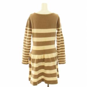 BURBERRY BLUE LABEL ニットワンピース ひざ丈 長袖 ボーダー柄 ホース刺繍 ハイゲージ ウール 38 M ベージュ アイボリー