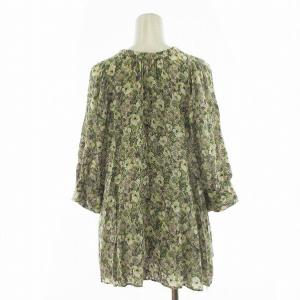 DRESSTERIOR フラワープリントスタンドカラーボリュームスリーブブラウス シャツ 花モチーフ 総柄 七分袖 クルーネック ギャザー 38 M