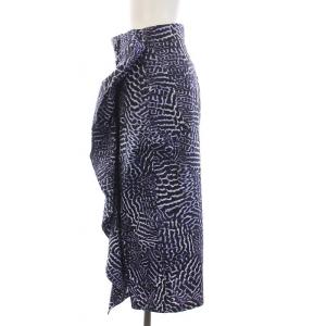 Max Mara タイト スカート ひざ丈 総柄 フリル 36 S 紺 ネイビー 白