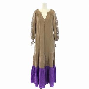 21SS 配色ティアードカフタンワンピース ロング 長袖 レース 36 S 茶 ブラウン 紫 パープル