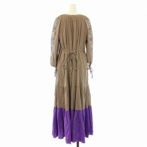 Grace Class 21SS 配色ティアードカフタンワンピース ロング 長袖 レース 36 S 茶 ブラウン 紫 パープル