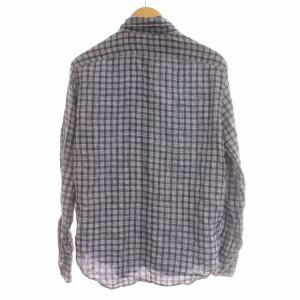 Finamore カッタウェイ リネン シャツ チェック 麻 長袖 42 M ネイビー 紺