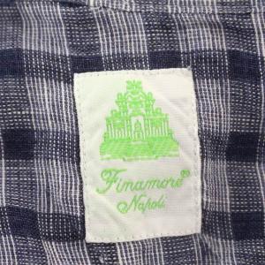 Finamore カッタウェイ リネン シャツ チェック 麻 長袖 42 M ネイビー 紺