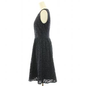 ANAYI フレアワンピース ギャザー ひざ丈 ノースリーブ クルーネック レース 36 S 紺 ネイビー