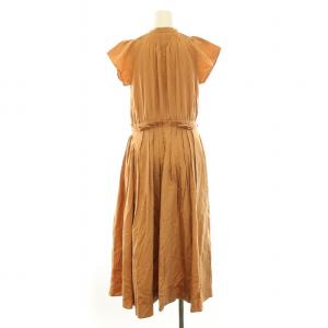 LANVIN en Bleu コットンサテンタックワンピース フレア ギャザー ミモレ ロング 半袖 バンドカラー 36 S 茶 ブラウン