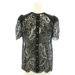 Drawer フレンチスリーブレースブラウス カットソー クルーネック 半袖 裾スカラップ 花柄 絹 シルク 38 M 黒 ブラック