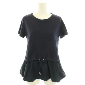 カットソー ブラウス ラウンドネック 半袖 切替 リボン ロゴ刺繍 麻 リネン 40 M 紺 ネイビー