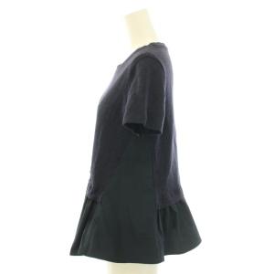 EMPORIO ARMANI カットソー ブラウス ラウンドネック 半袖 切替 リボン ロゴ刺繍 麻 リネン 40 M 紺 ネイビー